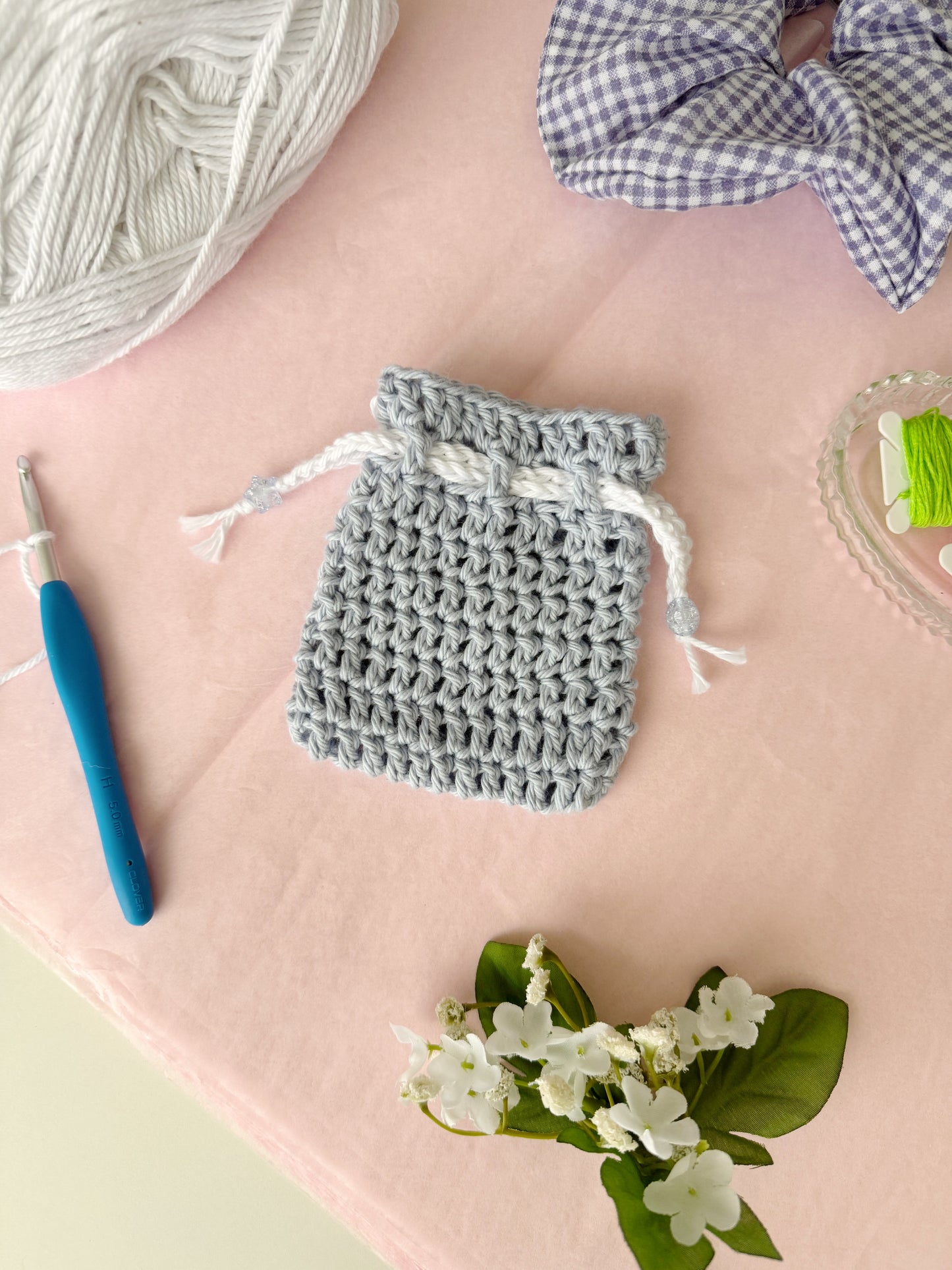 Light Blue Gray Crochet Pouch