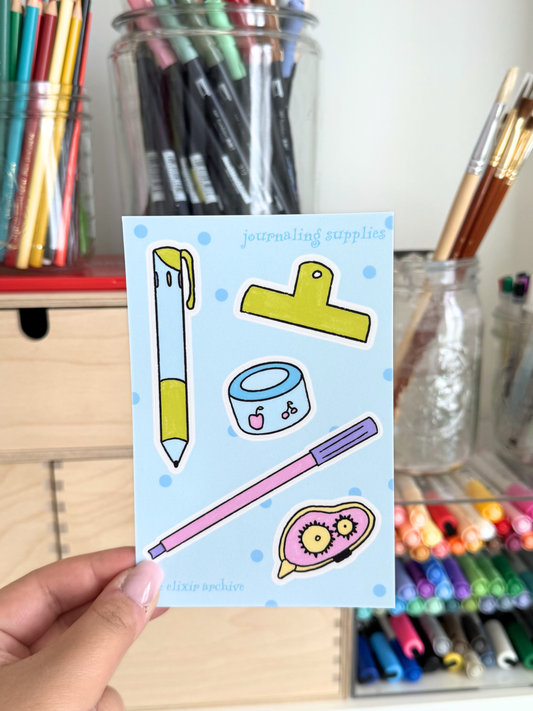 Journaling Supplies Sticker Sheet: Pens, Tape, Clip