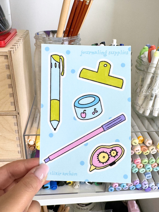 Journaling Supplies Sticker Sheet: Pens, Tape, Clip