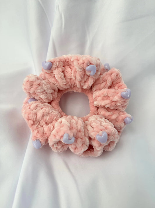 Crochet Scrunchie Heart Beaded Velvet Hair Tie - Pastel Pink